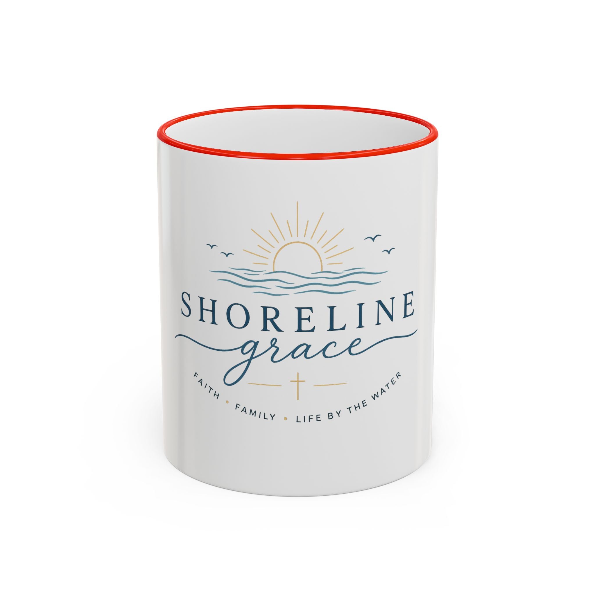 Shoreline Grace Accent Rim Mug — Coastal Sun & Waves Ceramic Coffee Cup (11oz/15oz)