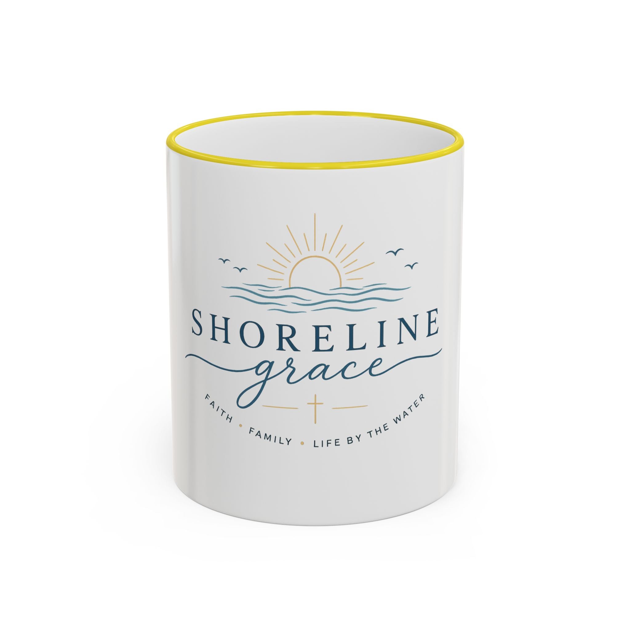 Shoreline Grace Accent Rim Mug — Coastal Sun & Waves Ceramic Coffee Cup (11oz/15oz)