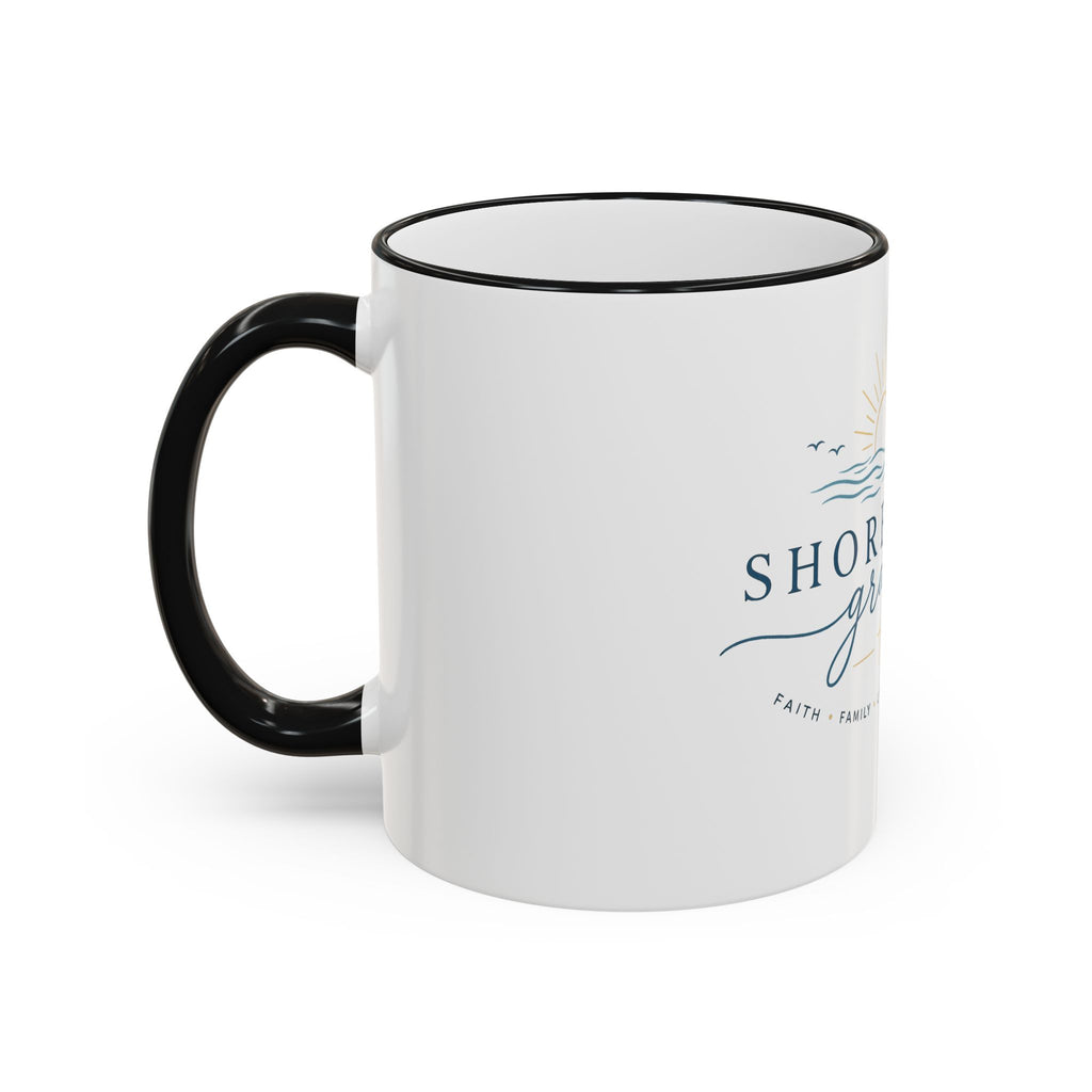 Shoreline Grace Accent Rim Mug — Coastal Sun & Waves Ceramic Coffee Cup (11oz/15oz)
