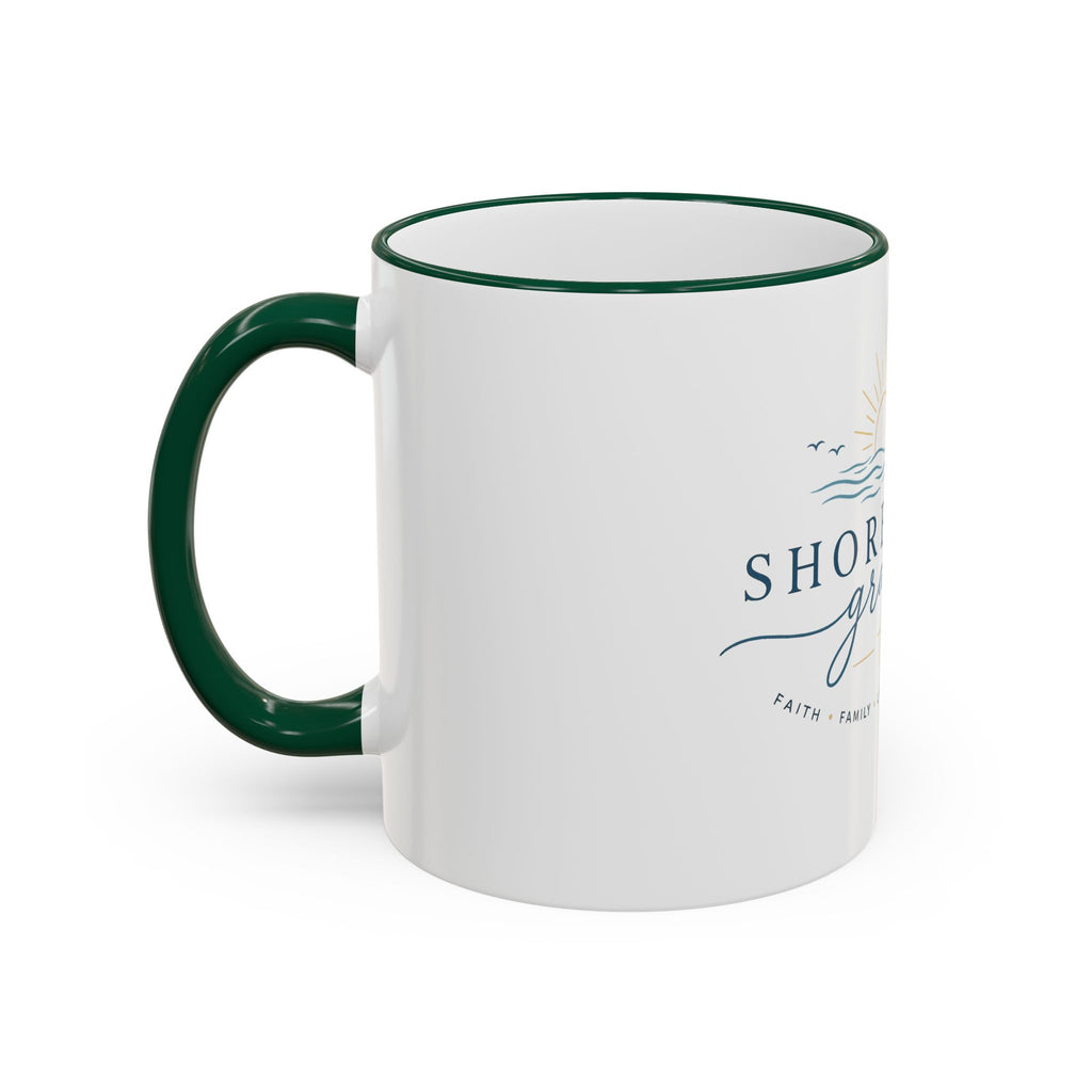 Shoreline Grace Accent Rim Mug — Coastal Sun & Waves Ceramic Coffee Cup (11oz/15oz)