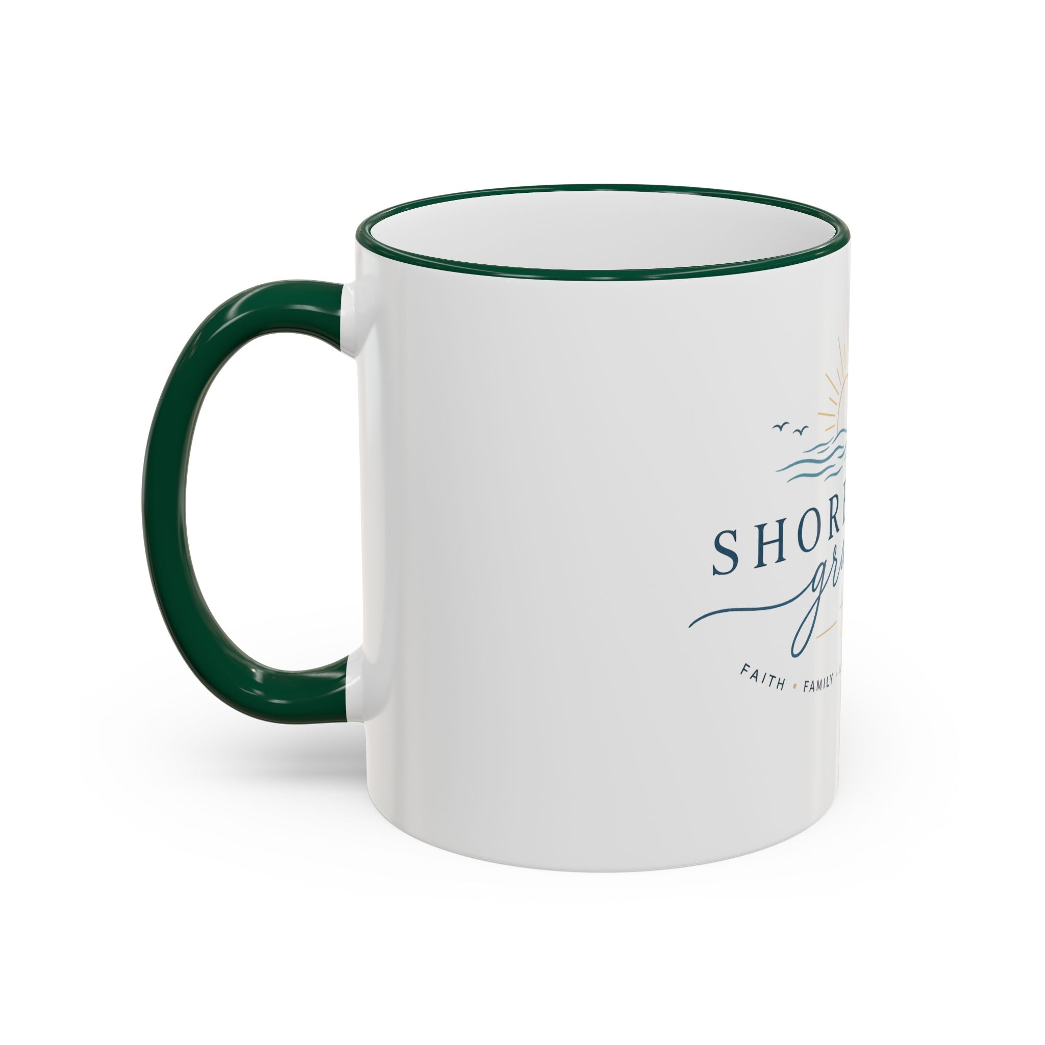 Shoreline Grace Accent Rim Mug — Coastal Sun & Waves Ceramic Coffee Cup (11oz/15oz)