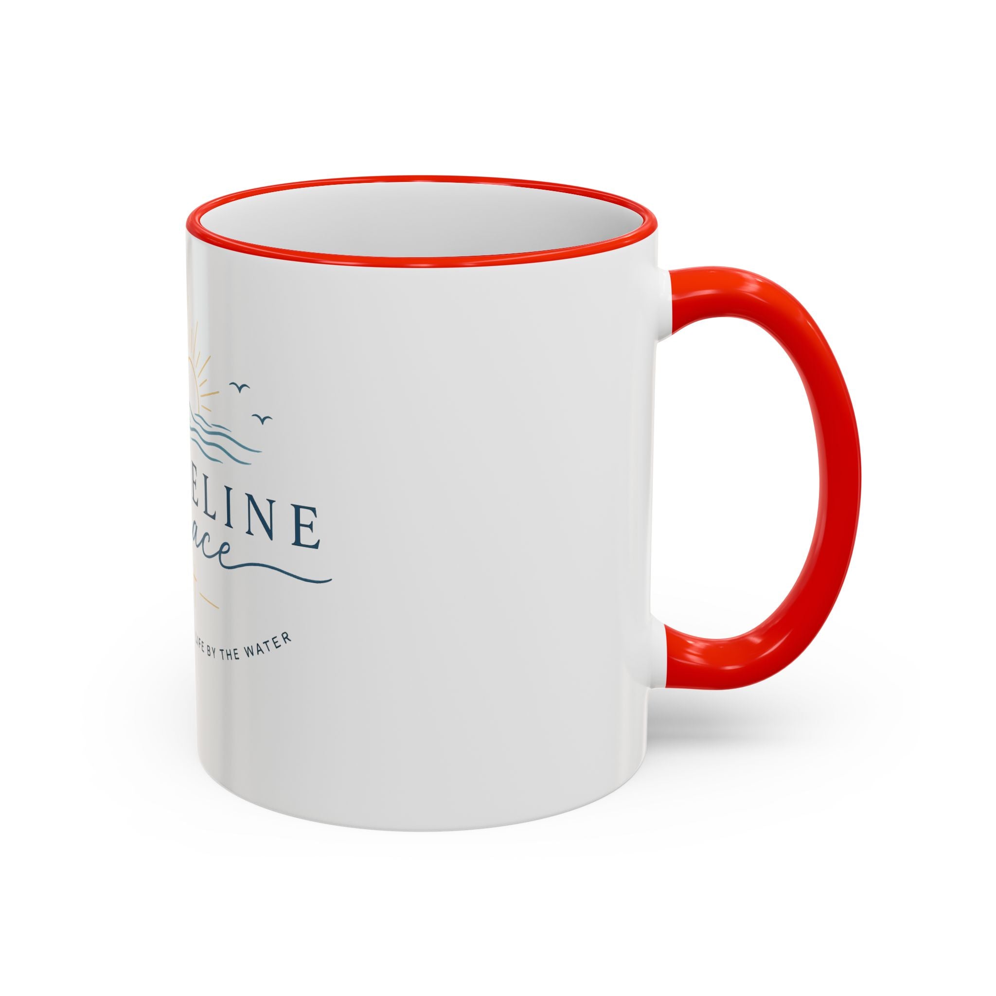 Shoreline Grace Accent Rim Mug — Coastal Sun & Waves Ceramic Coffee Cup (11oz/15oz)