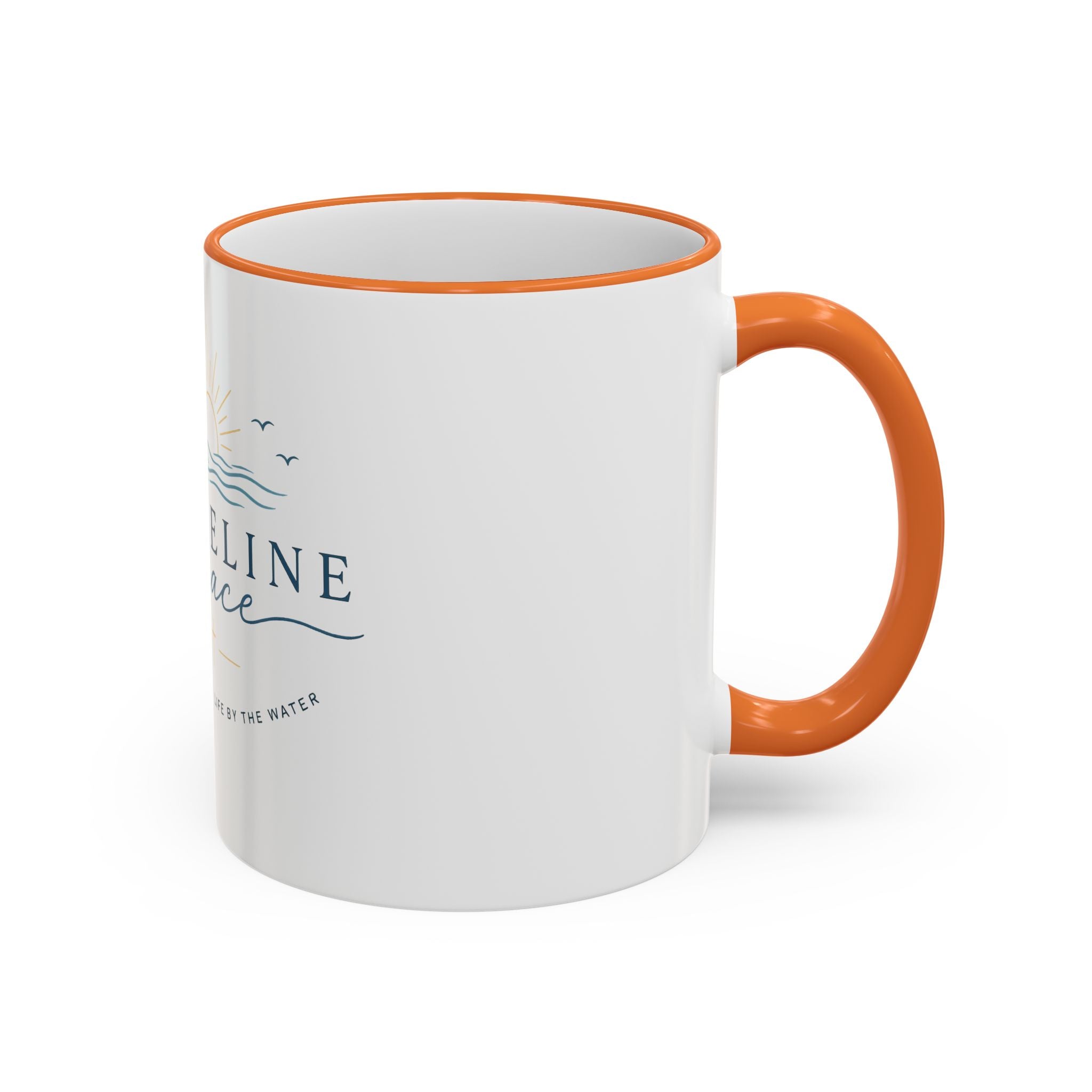 Shoreline Grace Accent Rim Mug — Coastal Sun & Waves Ceramic Coffee Cup (11oz/15oz)