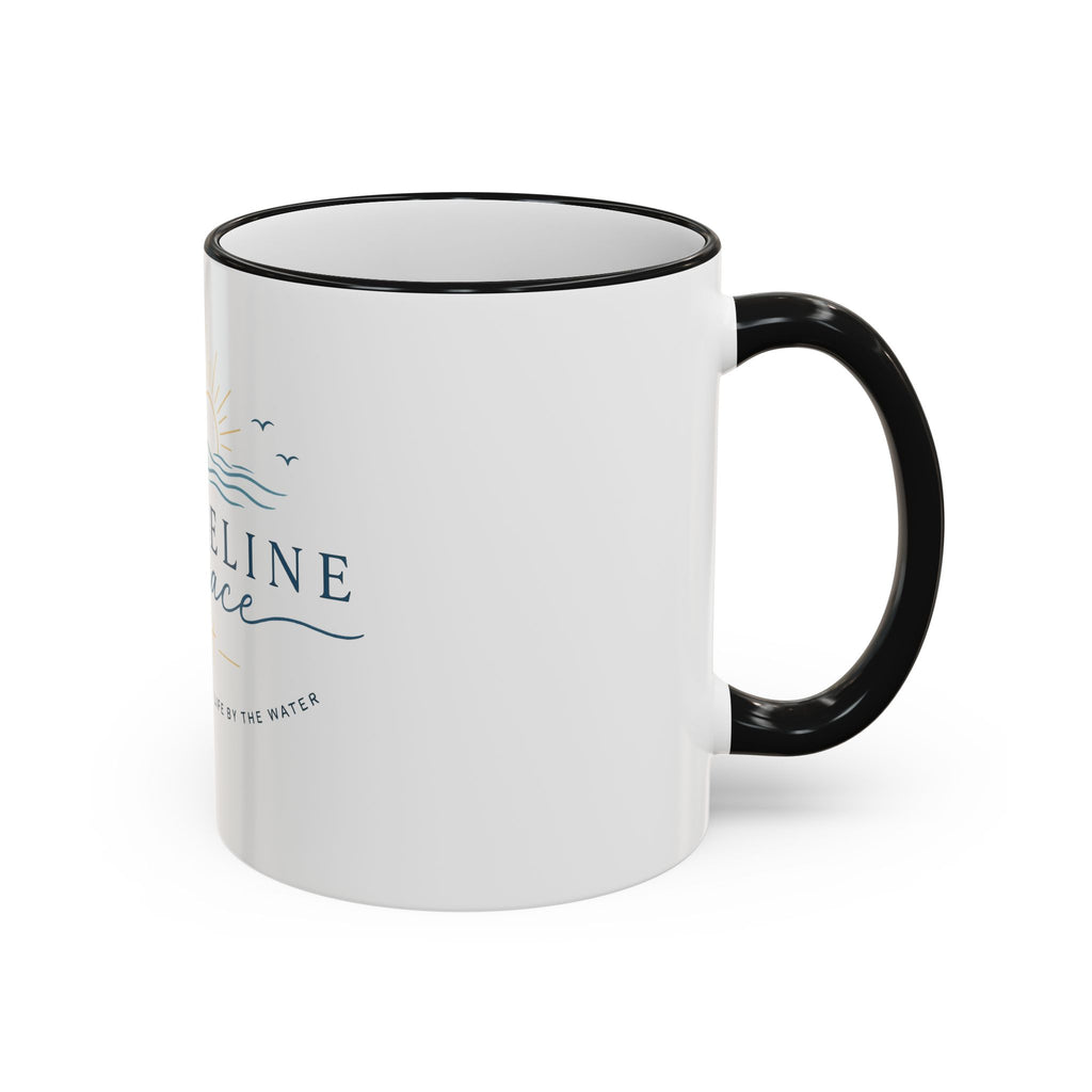 Shoreline Grace Accent Rim Mug — Coastal Sun & Waves Ceramic Coffee Cup (11oz/15oz)