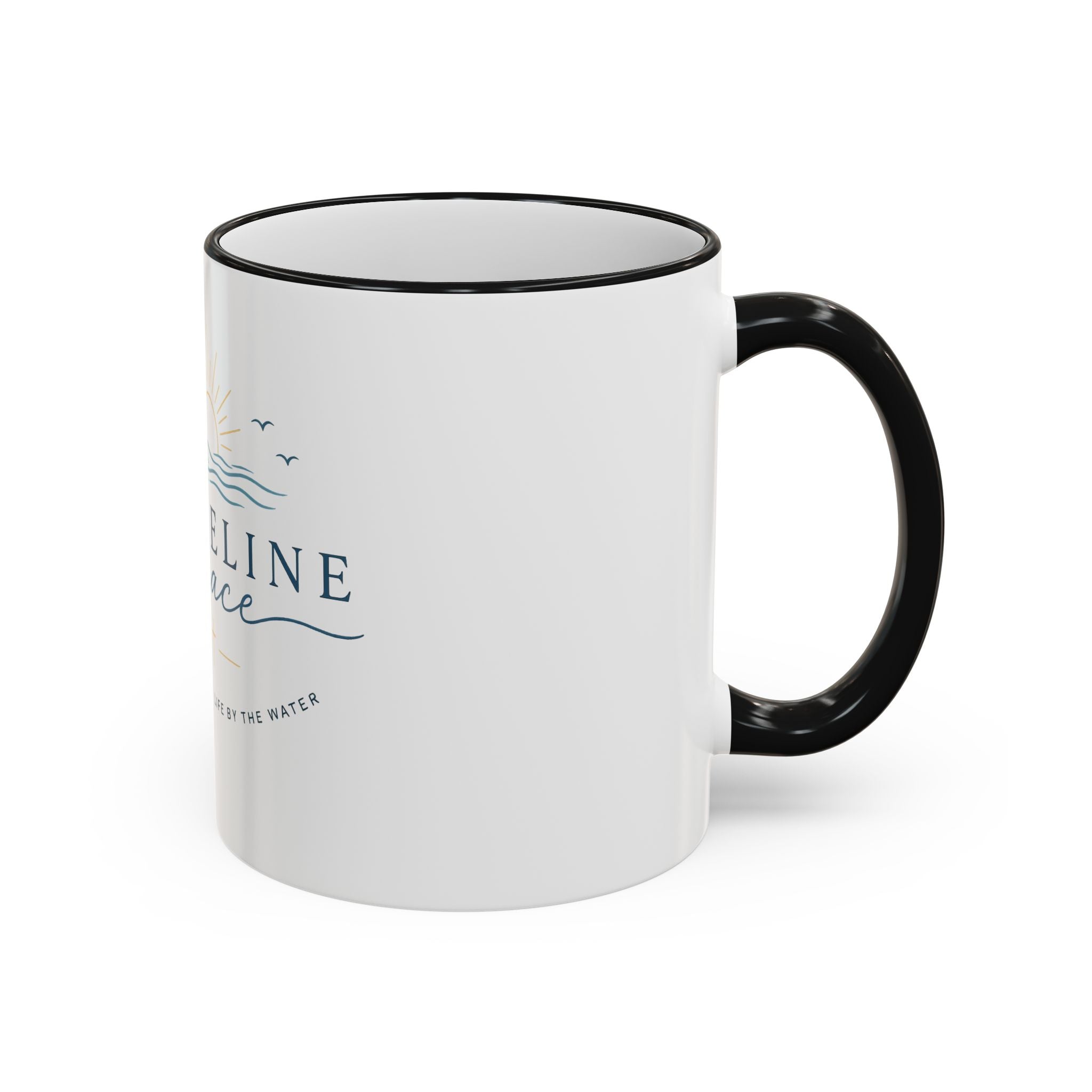 Shoreline Grace Accent Rim Mug — Coastal Sun & Waves Ceramic Coffee Cup (11oz/15oz)