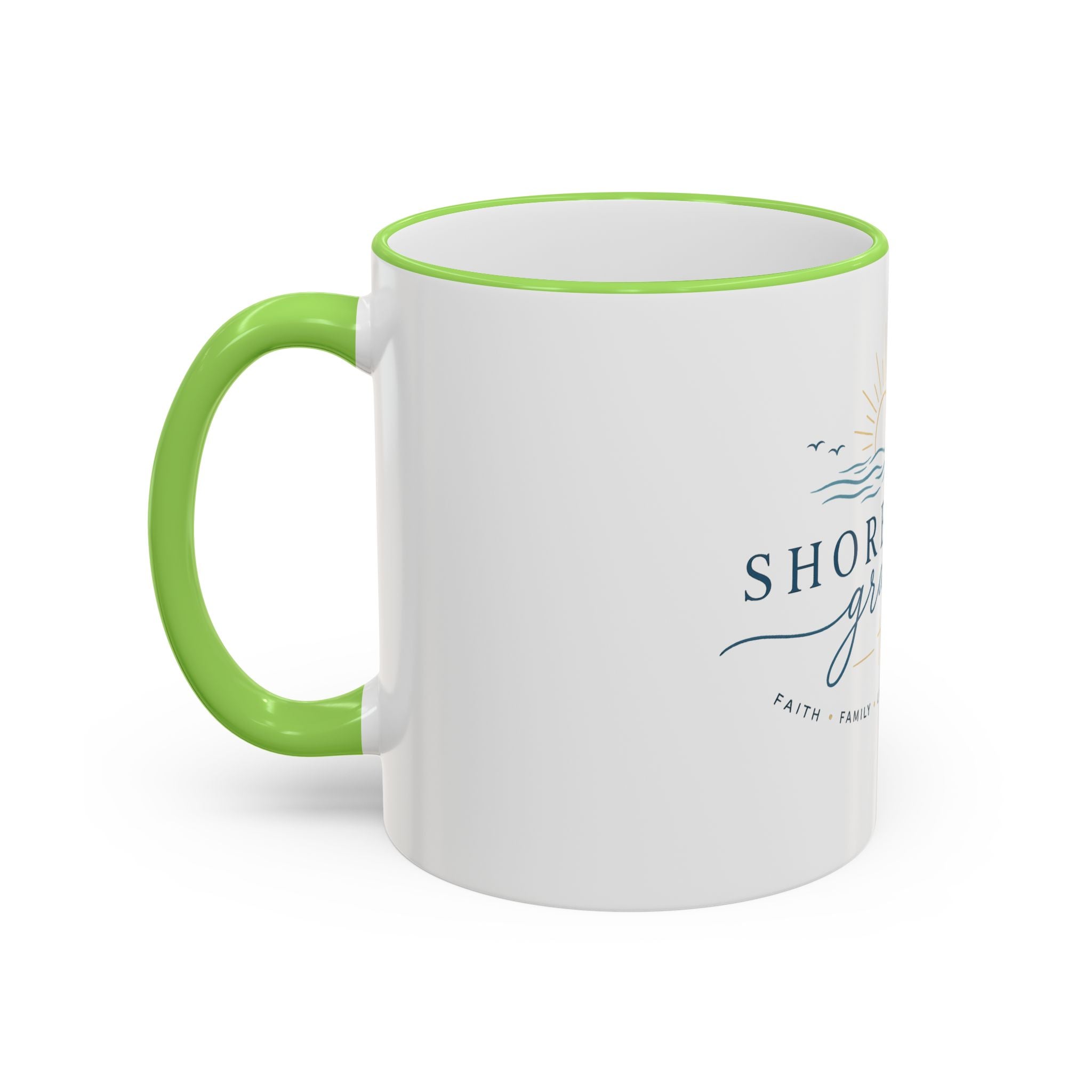 Shoreline Grace Accent Rim Mug — Coastal Sun & Waves Ceramic Coffee Cup (11oz/15oz)