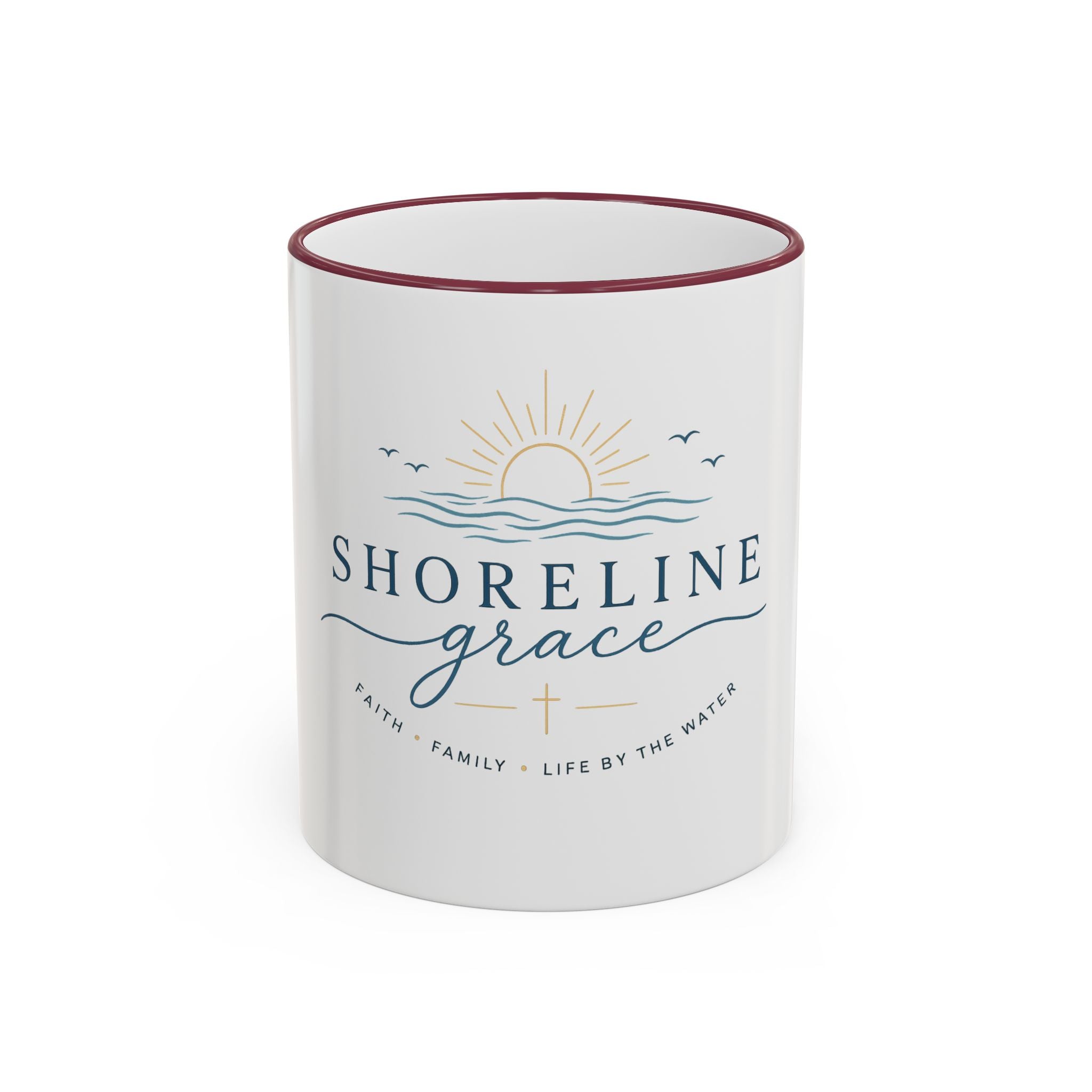 Shoreline Grace Accent Rim Mug — Coastal Sun & Waves Ceramic Coffee Cup (11oz/15oz)