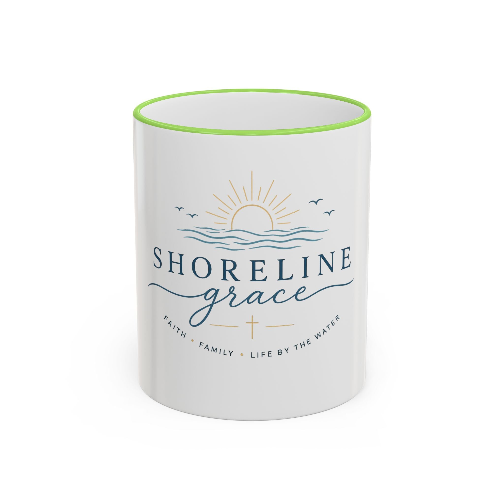 Shoreline Grace Accent Rim Mug — Coastal Sun & Waves Ceramic Coffee Cup (11oz/15oz)