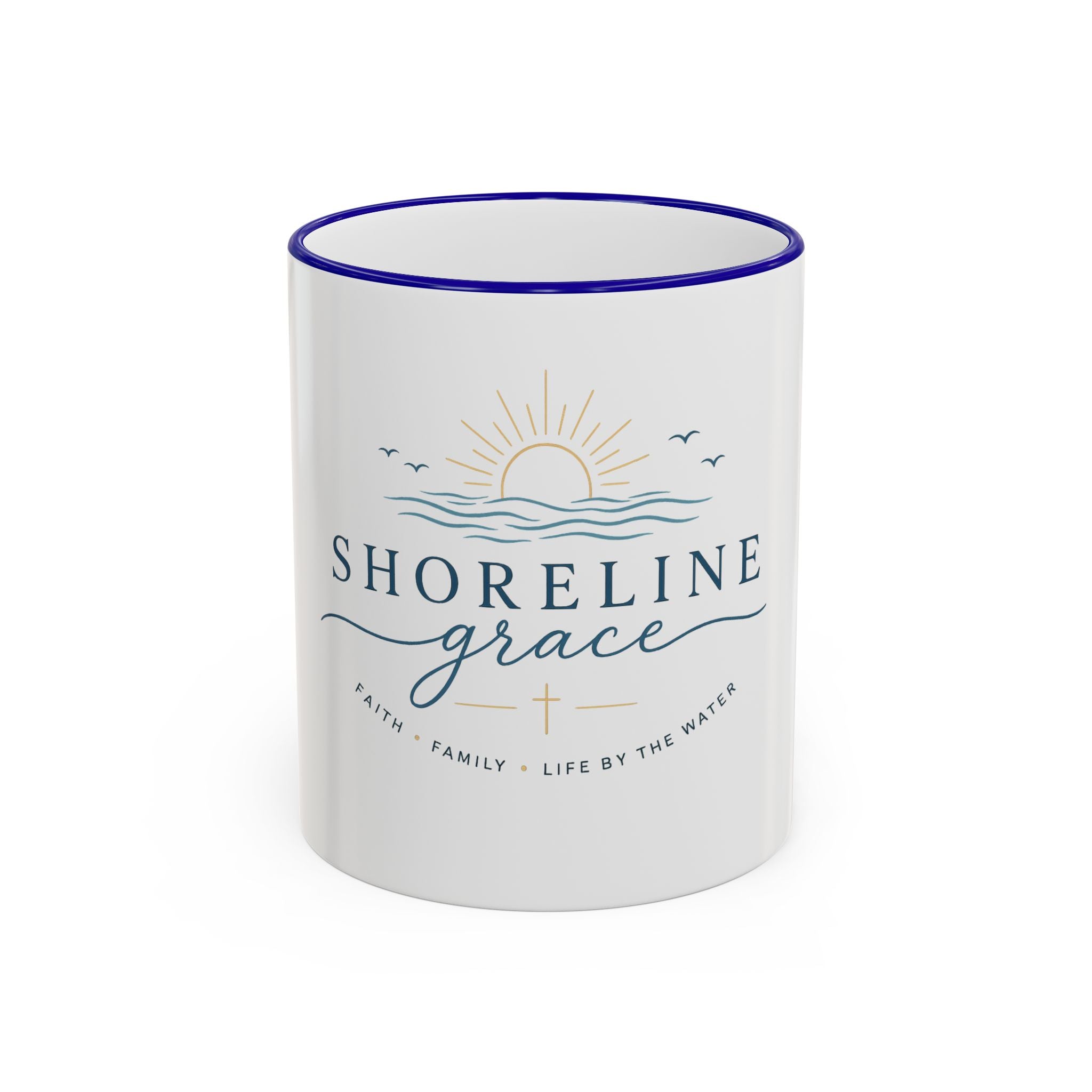 Shoreline Grace Accent Rim Mug — Coastal Sun & Waves Ceramic Coffee Cup (11oz/15oz)