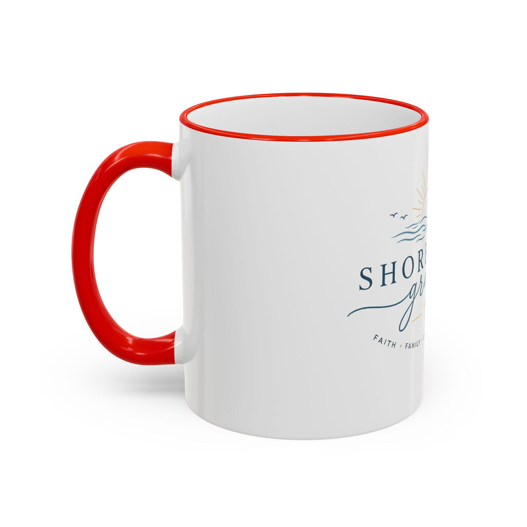 Shoreline Grace Accent Rim Mug — Coastal Sun & Waves Ceramic Coffee Cup (11oz/15oz)