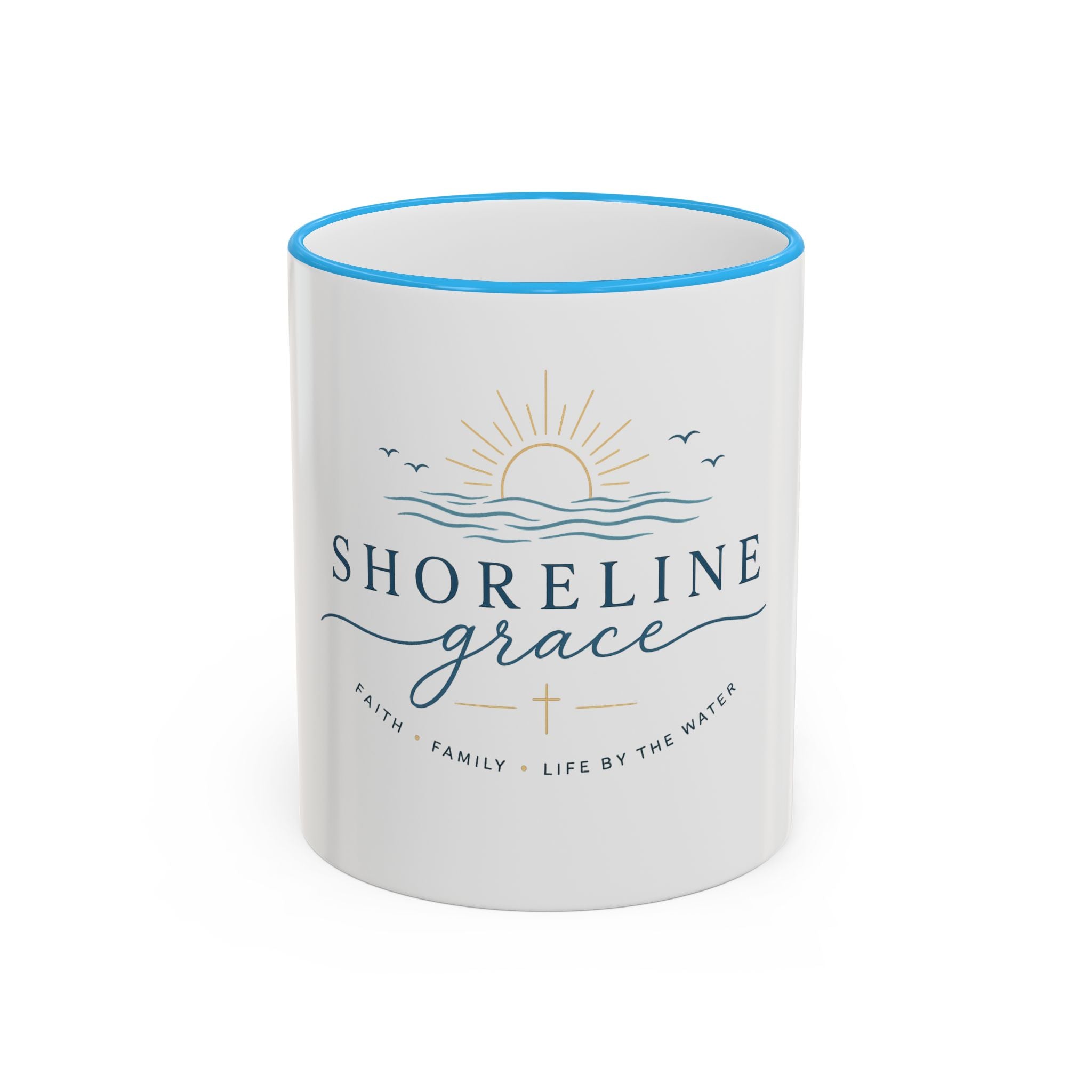 Shoreline Grace Accent Rim Mug — Coastal Sun & Waves Ceramic Coffee Cup (11oz/15oz)